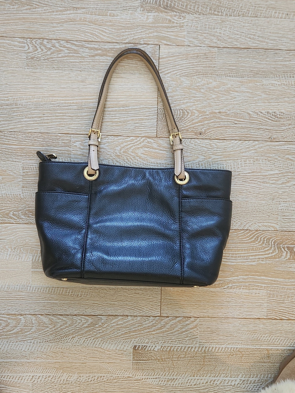 Michael Kors Black Leather Tote Bag with Beige Handles